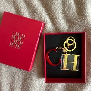 Carolina Herrera  Gold & Red CH Logo Keyring/Keychain Bag Charm/Pendant Gold